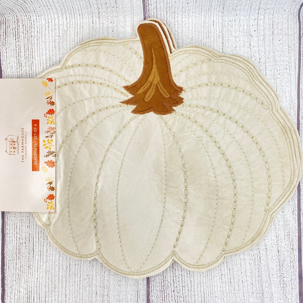 The Farmhouse Rachel Ashwell Pumpkin Placemats (4) Cream Gold Embroidery Autumn